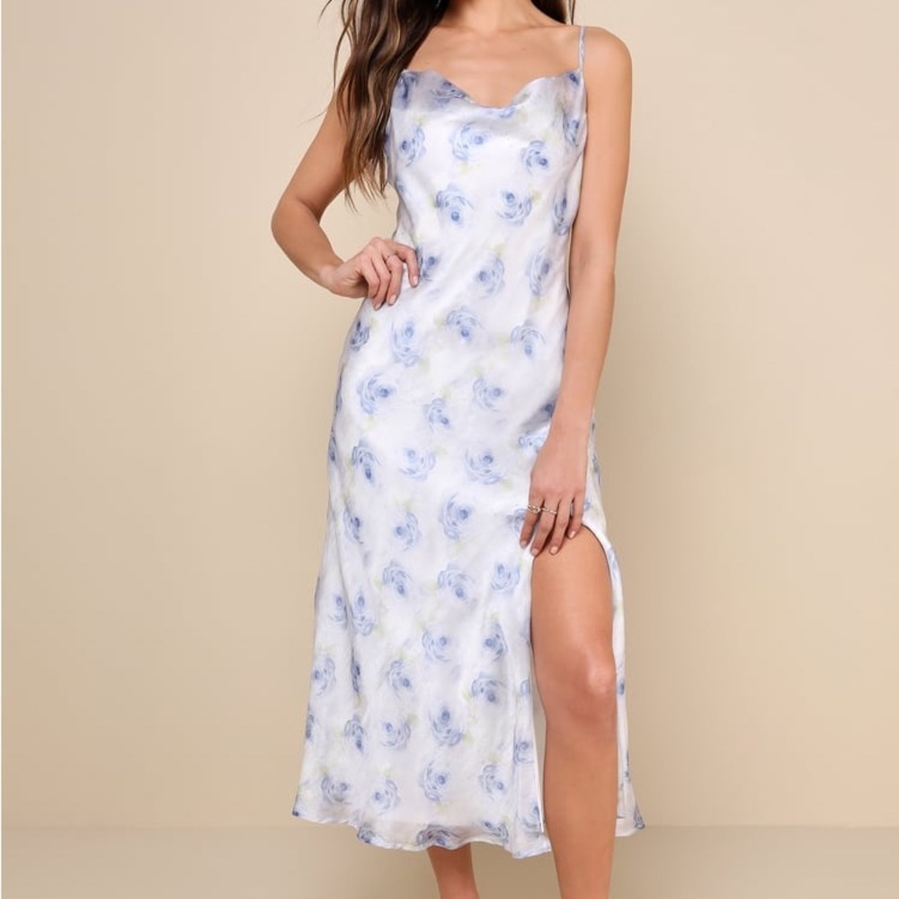 New Lulu's Dreamy Direction Ivory Floral Organza Cowl Slip Midi Dress - Picture 4 of 11